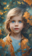 Fototapeta premium A portrait of a young child with curly blonde hair and striking blue eyes, surrounded by autumn leaves. The background is softly blurred, enhancing the child's features and the warm colors of fall.