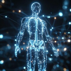 Glowing human body skeletal system with network connections.