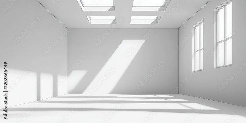 Poster bright and airy empty room with skylights and windows, emphasizing natural light in minimalist archi
