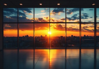 Fototapeta premium Breathtaking Sunset View Through Large Windows in Modern Building Showcasing Vibrant Colors Over City Skyline With Calm Reflections on Polished Floor Surface
