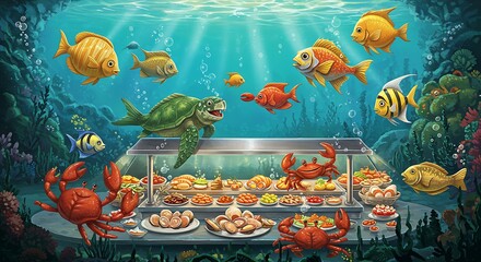 A whimsical underwater kingdom with fish, crabs, and sea turtles interacting around a seafood buffet