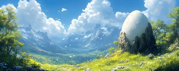 Giant egg rests on mountain peak, sunny valley