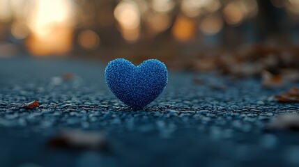 Blue fuzzy heart on path at sunset in park