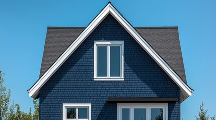 Blue house exterior with attic window, sunny sky