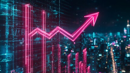 Rising city graph, upward trend, digital finance, nighttime backdrop, investment