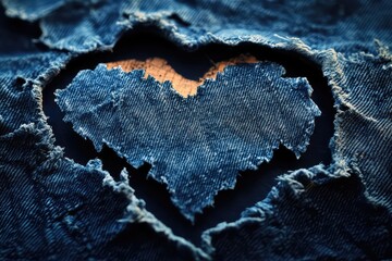 Obraz premium Close-up of a ripped denim texture in the shape of a heart, symbolizing love and Valentine's Day.