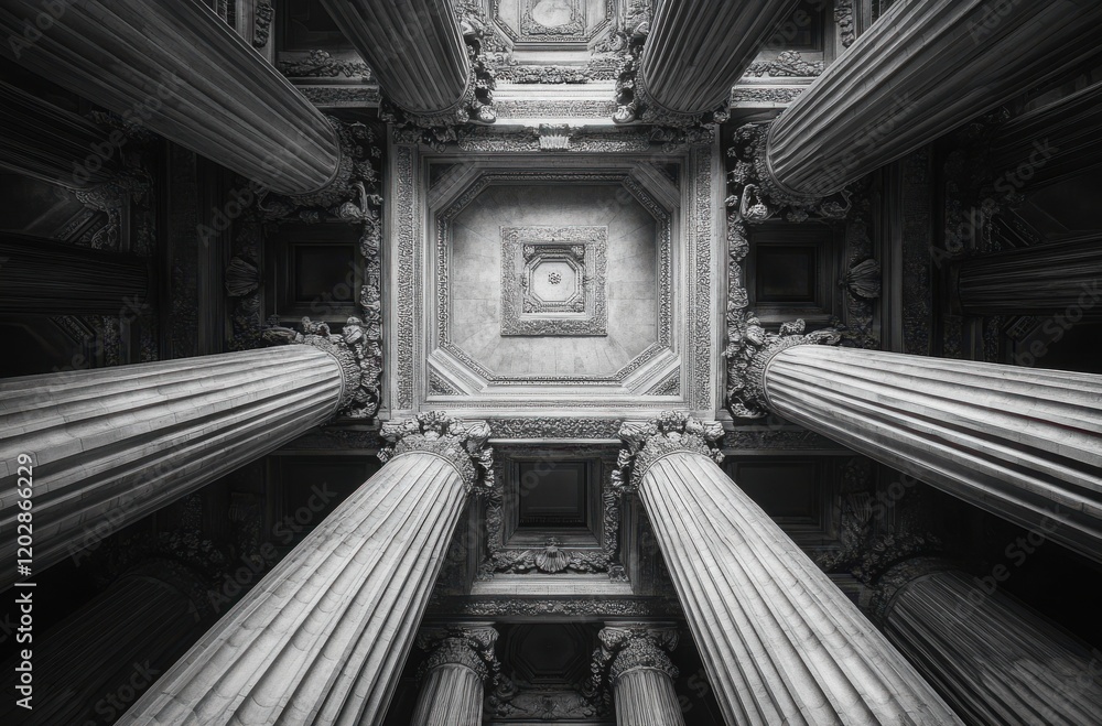 Poster captivating architectural view of intricate columns and ceiling from below in black and white, showc