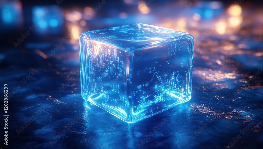 Aufkleber captivating close-up of a luminescent ice cube reflecting beautiful lights on a glossy surface, evok
