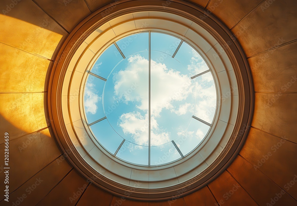 Poster circular skylight illuminating a serene blue sky with soft clouds through a round window, casting wa
