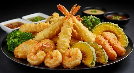 A golden tempura platter featuring shrimp, fish, and vegetables, served with dipping sauces
