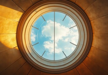 Fototapeta premium Circular skylight illuminating a serene blue sky with soft clouds through a round window, casting warm light on elegant architectural features indoors