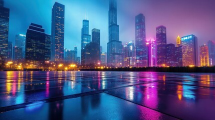 Fototapeta premium A vibrant city skyline illuminated by neon lights in the fog.