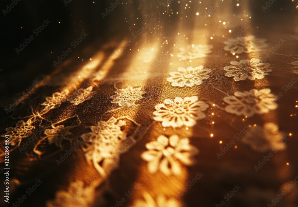 Poster close-up view of elegant lace pattern with soft light rays creating a dreamy atmosphere in a warm co