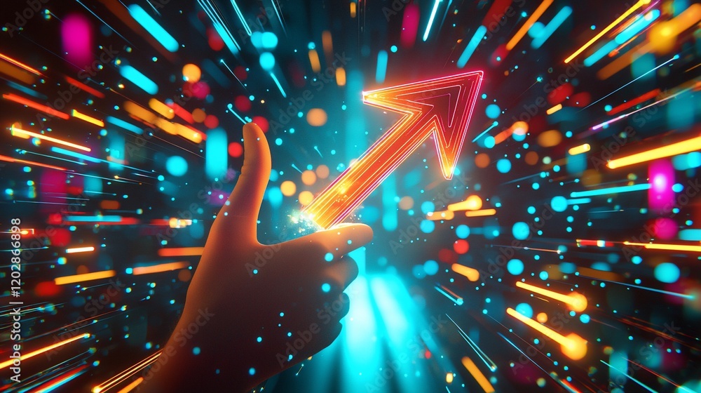 Poster Glowing arrow points upward, symbolizing growth and progress in a futuristic digital space.