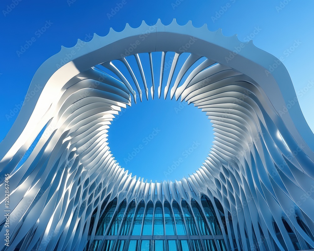 Poster contemporary architectural design featuring unique circular structure with radiating elements under 