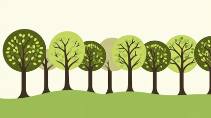 Illustration of stylized trees with varying leaf shapes and colors on a gentle hillside backdrop