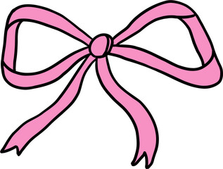Pink bow with bold black outlines and flowing ribbon tails
