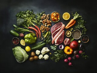 A creative display of a whole30 dinner, featuring whole foods like vegetables, fruits