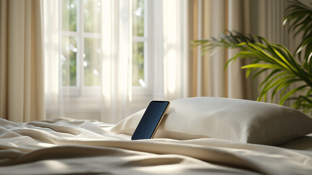 Smartphone Mockup on Bed in cozy bedroom setting with sunlight filtering through window