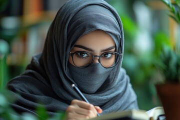 A woman in a hijab writes in a notebook surrounded by greenery.