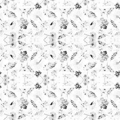 Elegant black and white floral design showcasing detailed leaves and flowers in a harmonious pattern.