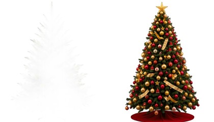 A side-by-side comparison of two Christmas trees. The left tree is a simple, unadorned green fir with no decorations.Christmas tree vector. Collection of Christmas trees.