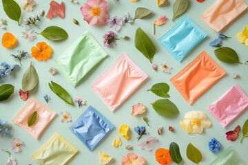 A flat lay of colorful face masks in sachets surrounded by petals and leaves 