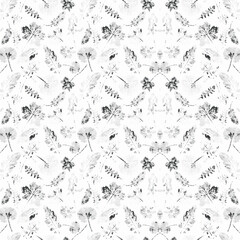 Elegant black and white floral design showcasing detailed leaves and flowers in a harmonious pattern.