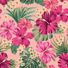 Adobe Illustrator ArtworkVector seamless pattern Exotic   wallpaper of tropical flowers  green leaves of palm trees and flowers bird of paradis, hibiscus, artwork for fabrics, souvenirs, packaging, gr