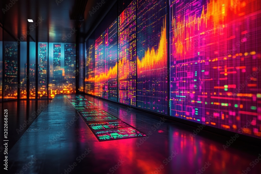 Poster vibrant digital data visualization in a high-tech room with city skyline view