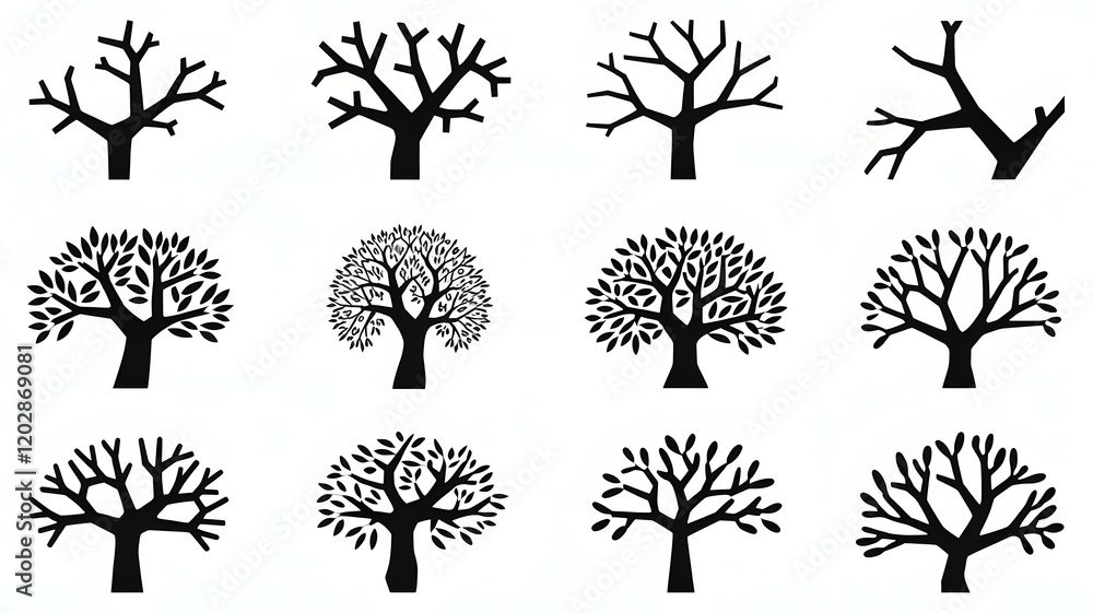 Poster a collection of twelve tree silhouettes arranged in a grid pattern on a white background showcasing