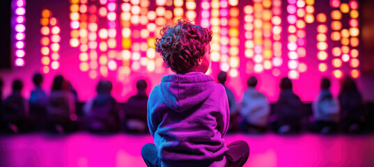 Obraz premium child in hoodie sits on floor, facing vibrant stage with colorful lights, surrounded by audience