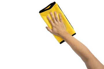 Abstract male hand holding yellow microfiber cleaning cloth on white. Background copy space for add...