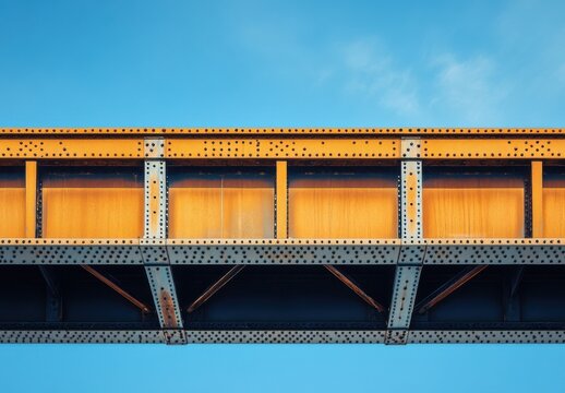 Detailed View of a Robust Industrial Bridge Structure Against a Clear Blue Sky Showcasing Strength, Design, and Engineering Excellence for Architectural and Construction Themes