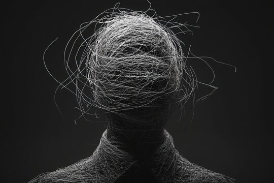 A surreal, monochromatic figure with a head made of tangled fibers, evoking themes of identity and confusion against a dark backdrop.