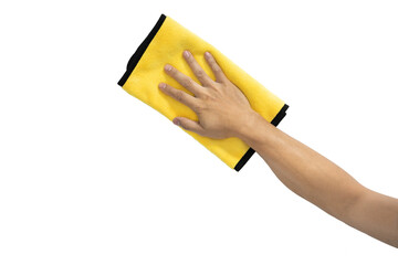 Abstract male hand holding yellow microfiber cleaning cloth on white. Background copy space for add text or art work design.