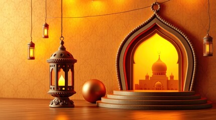 Obraz premium A 3D rendered Islamic Ramadan background with a warm golden glow.Arabic lantern, a metallic moon, and a mosque portal. Modern style with a luxurious 