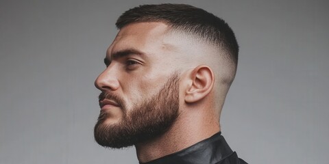 Fototapeta premium Stylish Portrait of a Confident Young Man with Modern Fade Haircut in a Studio Setting, Capturing the Essence of Contemporary Masculinity.