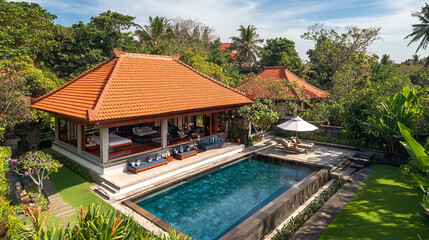 Naklejka premium Aerial view of a luxury house with a swimming pool