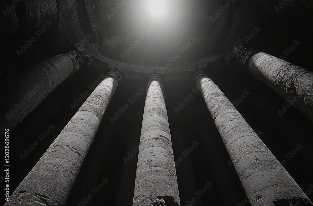 Poster dramatic view of ancient stone columns under soft light captured from below in a mystical, monochrom