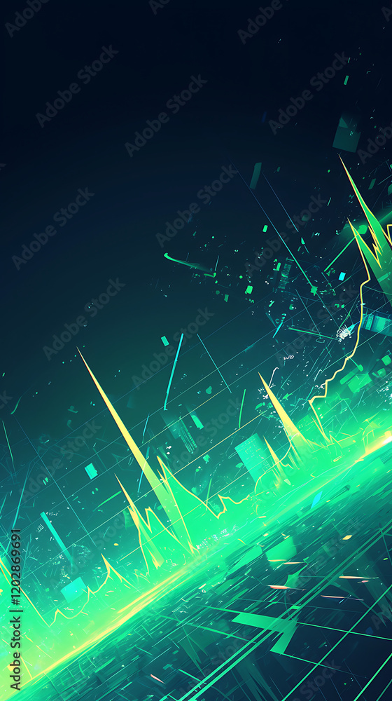 Poster abstract digital landscape with glowing green peaks and particles, symbolizing data visualization