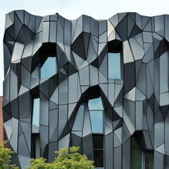Modern Facade with Geometric Patterns: A close-up view of a modern building facade, showcasing a bold and abstract design of geometric panels in shades of gray.