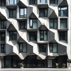 Geometric Facade:  A close-up of a modern building with a mesmerizing geometric facade, featuring a intricate pattern of windows and angles. This architectural masterpiece invites contemplation.