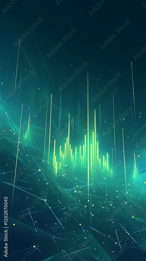 Poster abstract digital visualization of green sound waves with glowing particles in a dark background