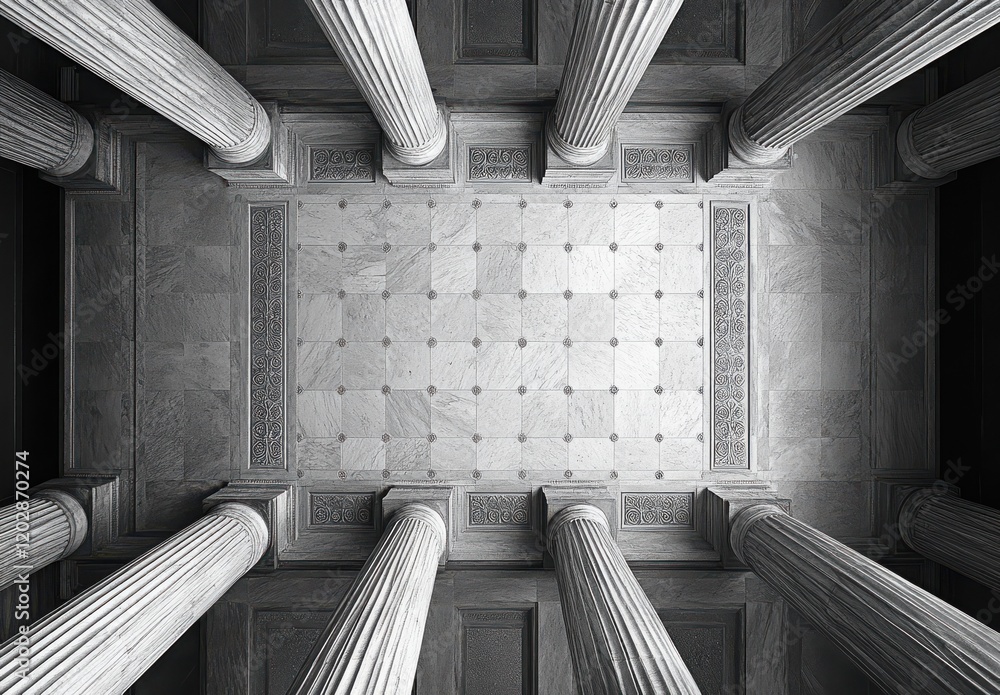 Poster elegant architectural design featuring columns and marble flooring viewed from below in a monochrome