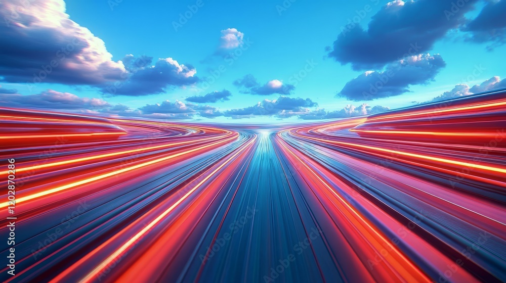 Poster a dynamic view of light trails against a vibrant sky, evoking speed and motion.