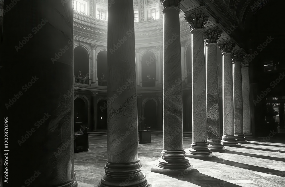Poster elegant architecture of grand hall with marble columns and soft natural light streaming through wind