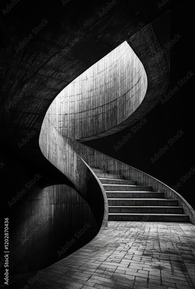 Poster elegant curved staircase with dramatic lighting in modern architecture showcasing contrast between l