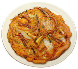 Korean Kimchi Pancake with Seafood on White Plate