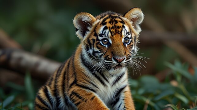 A young tiger cub with striking orange and black stripes, gazing curiously amidst lush greenery.